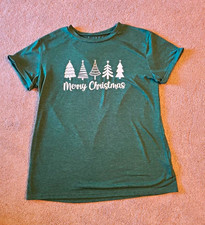 Men's Merry Christmas Trees Graphic T-Shirt Green/White Cotton Crew Neck M picture