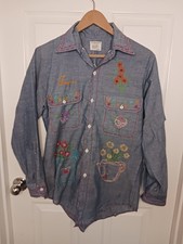 Vintage 1970's Embroidered Floral Chambray Collared Shirt Small Big Mac Jc Penny picture