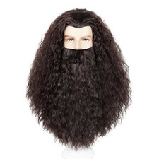 Probeauty Men's Brown Curly Wig and Beard Long Wavy Wigs with Mustache for Ha... picture