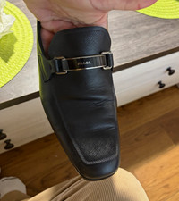 PRADA Men’s Black Leather Slip-On Dress Loafers Square Toe Logo US 9.5 picture