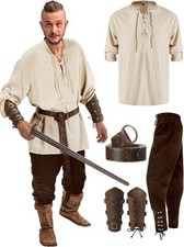 4 Pcs Men's Renaissance Costume Medieval Outfit | Halloween Viking Pirate Shi... picture