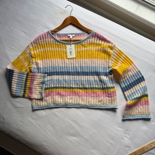GB Gianni Bini Striped Open Knit Crochet Crop Sweater Blue Multi Medium Boho picture