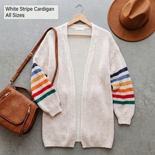 Women's Longline Oversized Chunky Knit Cardigan Gray Striped  Rainbow Sleeves picture