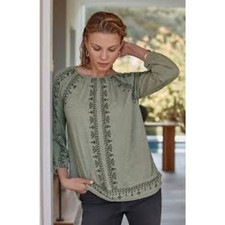 J Jill Pure Sz Lg Top Peasant Hippie Boho Embroidery Raglan Sleeve A Line Sage picture