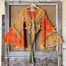 5 Pc Indian Vintage Silk Sari Bell Sleeve Crop Top Retro 60s Clothing picture