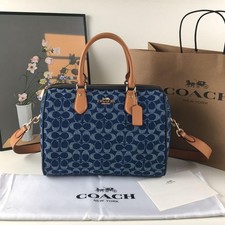 COACH CY699 Rowan Large Satchel Bag Signature Canvas Blue Brown No Charm NWT picture