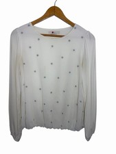 Boden Womens Tori Long Sleeve Top Embroidered Star Print Ivory Silver Size 2 picture