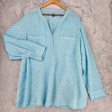 Talbots Linen Shirt Womens Size 3X Blue Roll Tab Sleeve Button Pocket Blouse Top picture