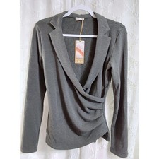 OGL Eco-Mousse Charcoal Gray Ruched Wrap Top Notched Lapel Size Small NWT picture