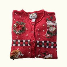 CHRISTMAS 90s VTG KNIT CARDIGAN SWEATER SANTA STOCKING TEDDY BEAR RED SZ M  picture