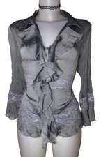 Vtg 90s Women Victorian Silver Lace Ruffle Whimsigoth Vampy Top Sz M Renaissance picture