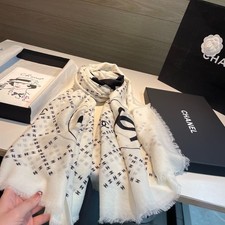 CHANEL Cashmere CC Logo Scarf Shawl Ivory Black 100% Cashmere 140x140cm picture