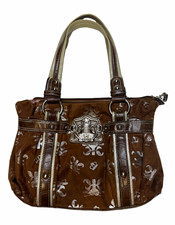 Kathy Van Zeeland Brown Logo Shoulder Bag Silver Crest Faux Suede Zip picture