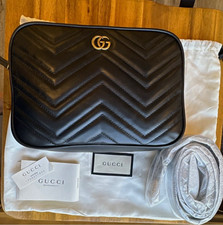 Gucci GG Marmont Womens Black Leather Shoulder Bag Gold Double G Quilted New picture