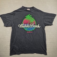 Vtg 1990 Hawaii Waikiki Palm Horizon Graphic T-Shirt Black Softee TeeJays Sz L picture
