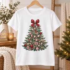 Jeweled Christmas Tree Shirt Bow Holiday Top Graphic Tee Women picture
