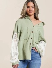 New POL Crochet Sleeve Textured Raw Edge Sage Oversized Top Size L picture