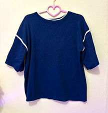 Women's L Regular Navy Solid Knit Crew Neck 3/4 Sleeve Pullover Top w/ Piping picture