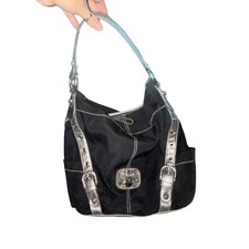 Kathy Van Zeeland Black Canvas Silver Croc Trim Hobo Shoulder Bag Y2K McBling picture
