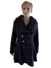GUESS Black Faux-Fur Collar Double Breasted Wool Blend Coat Sz M Glam picture