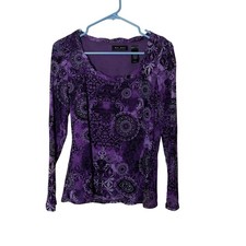 Axcess Liz Claiborne Women M Y2K Purple Floral Nylon Mesh Long Sleeve Top Blouse picture