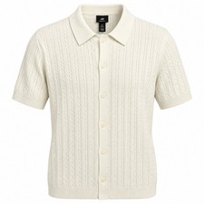 H&M Mens Large Cream Cable Knit Short Sleeve Button Up Polo Shirt NWT picture
