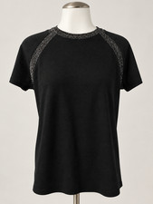 Maje Women’s Black Short Sleeve Top Size 1 Glitter Metallic Trim Troca picture