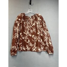a.n.a Womens XXL Brown Floral Cotton Peasant Blouse V-Neck Long Sleeve Top NEW picture