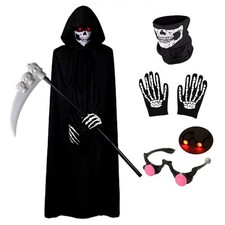 New Halloween Grim Reaper Costume for Kids, Glowing Red Eyes Mask Gloves, Fast picture