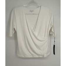 Tahari Modern Essentials White Wrap Top Ruched Elbow Sleeve V-Neck NWT Sz M picture