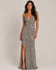X by NBD Genevieve Gown M Silver Sequin Maxi Dress Plunge Slit Revolve $540 picture