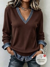 Casual Vacation Women's V-Neck Long Sleeve AB Color Block T-Shirt picture
