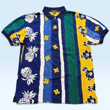 Vintage Nautica Polo Shirt Mens Large Multicolor Pineapple Stripe Tropical 90s picture