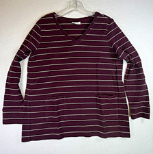 J Jill Womens M Burgundy Striped V Neck Tunic Top Long Sleeve Pockets Cotton picture