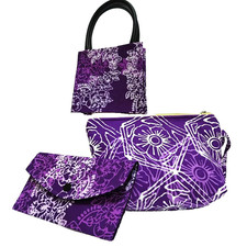 NWOT 3pc Malaysian Batik Bag Set Purple Cotton Handbag Cosmetic Pouch Clutch picture