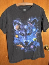 DOM Space Wolf Galaxy Planets Black T-Shirt Mens Size Medium 100% Cotton NWT picture
