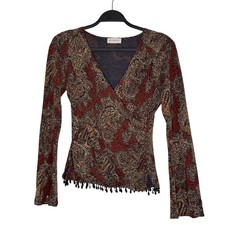 Vintage 90s Metaphor Paisley Vneck Surplice Top Long Sleeve Fringe Witchy Fall S picture