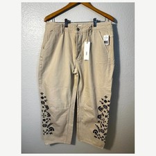 NWT Driftwood Barbara Cream Black Floral Embroidered Barrel Pants Size 30x27 picture