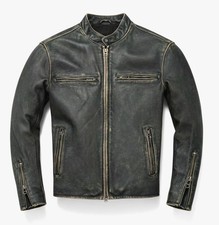 Cafe Racer Mens Genuine Sheepskin Motorcycle Leather Jacket Black Distressed picture