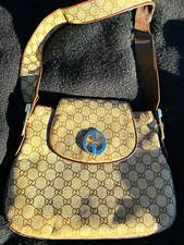 Authentic Vintage 1970s Gucci GG Monigram Canvas Shoulder Bag Brown Leather picture