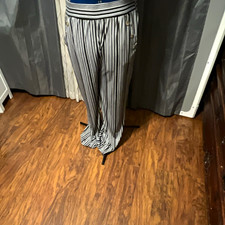 Robert Louis Women’s XL Black/White Striped Palazzo Wide-Leg Pants Elastic Waist picture
