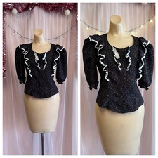Vintage 70s 80s Calico Prairie Top Blouse Black Frilly Lace Trim Boho M picture